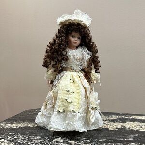 Porcelain Victorian-Style Doll in Cream and Brown